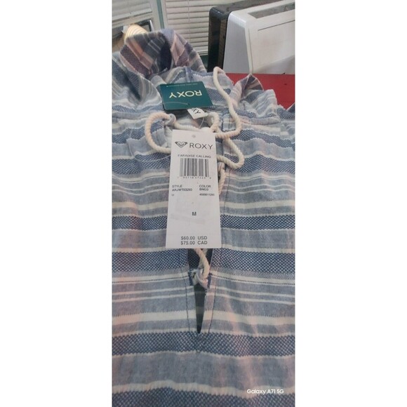 Roxy Paradise Calling Woven Poncho Hoodie - Blue Stripes - Women's Size M - Picture 7 of 9